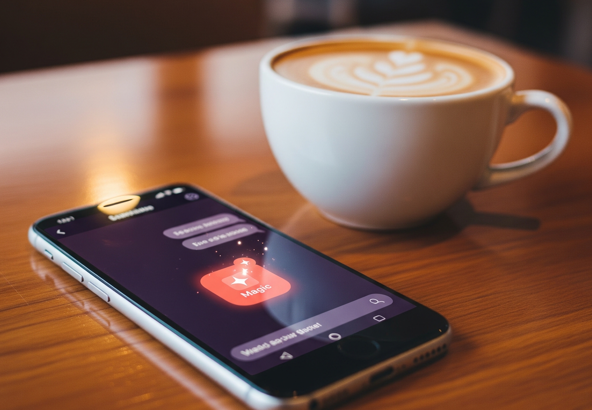 Smartphone displaying an icebreaker message beside a white cup of coffee with latte art on a wooden table.